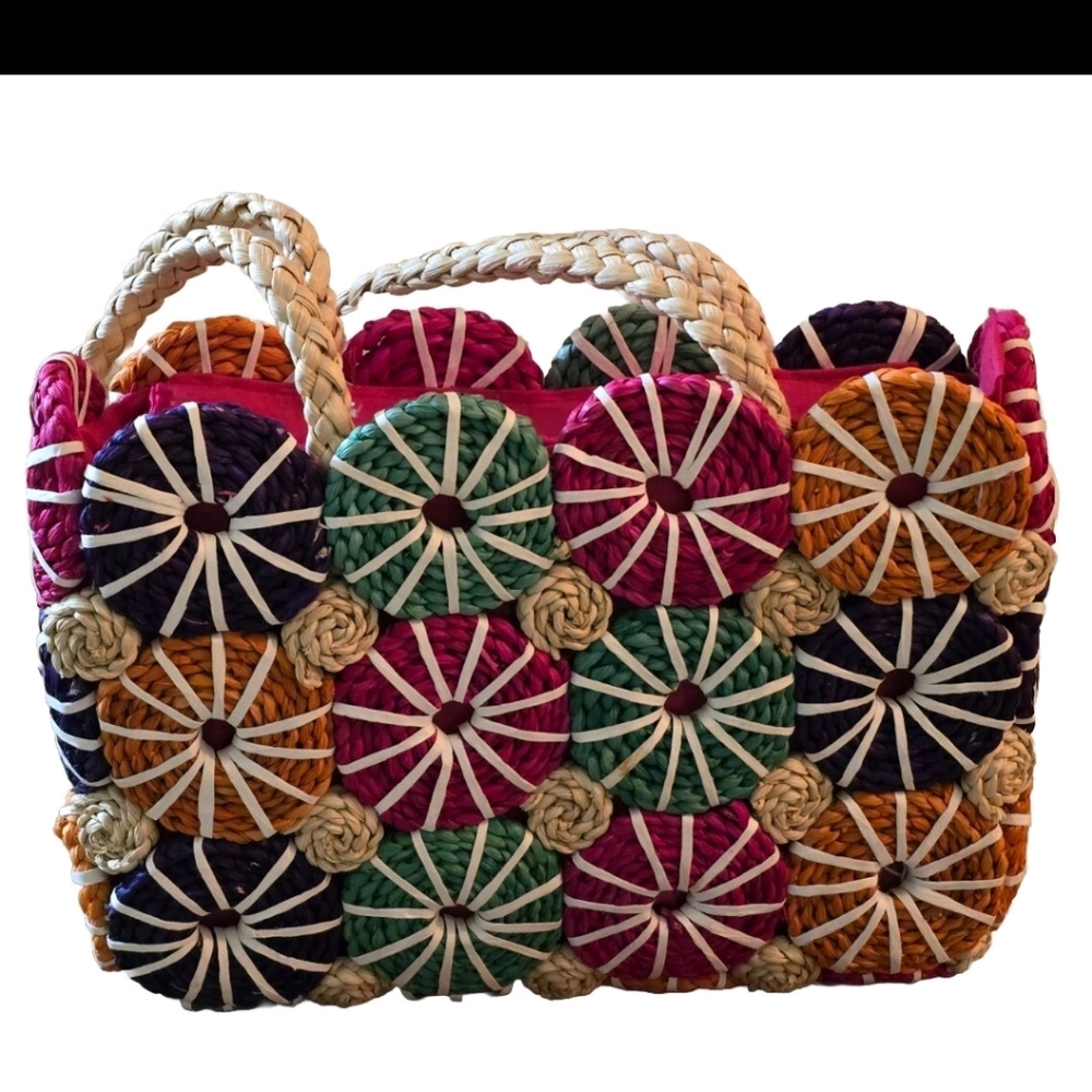 Colorful Patchwork Straw Tote Bag Vibrant Multicolor Summer Vibes - Picture 2 of 11